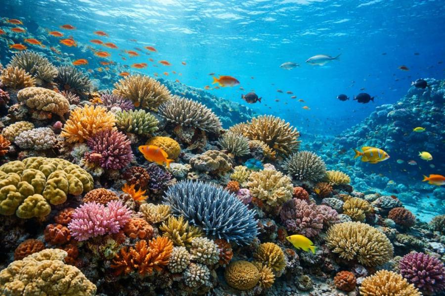 A coral reef teeming with fish.