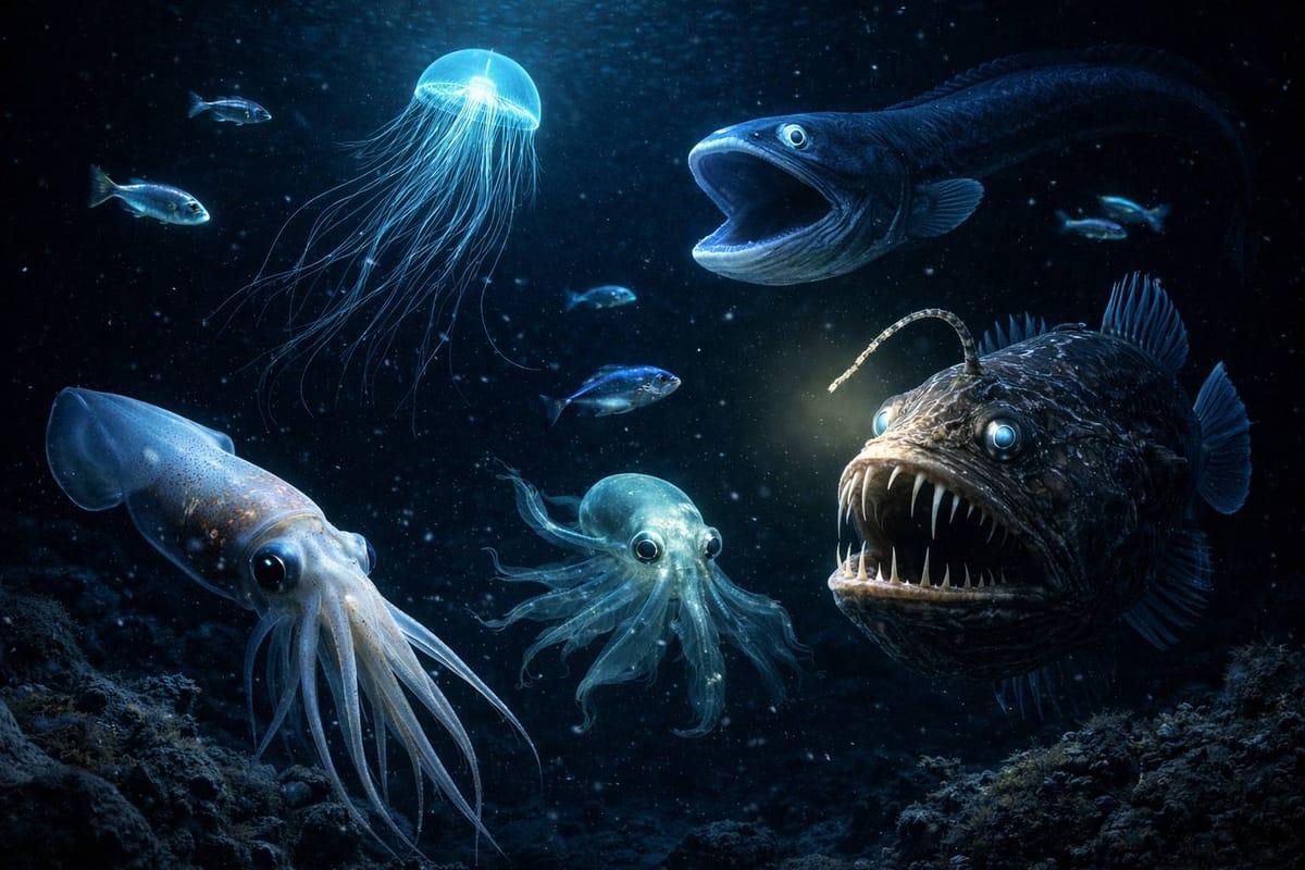 Creatures of the deep sea, adapted to darkness and pressure.