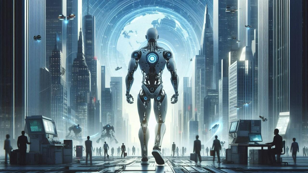 A humanoid robot in a city street.