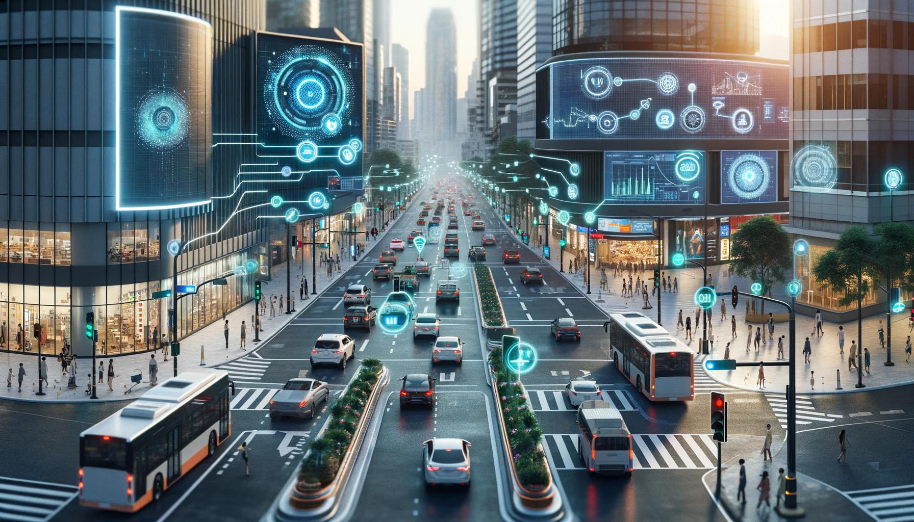 A smart city street with connected vehicles.