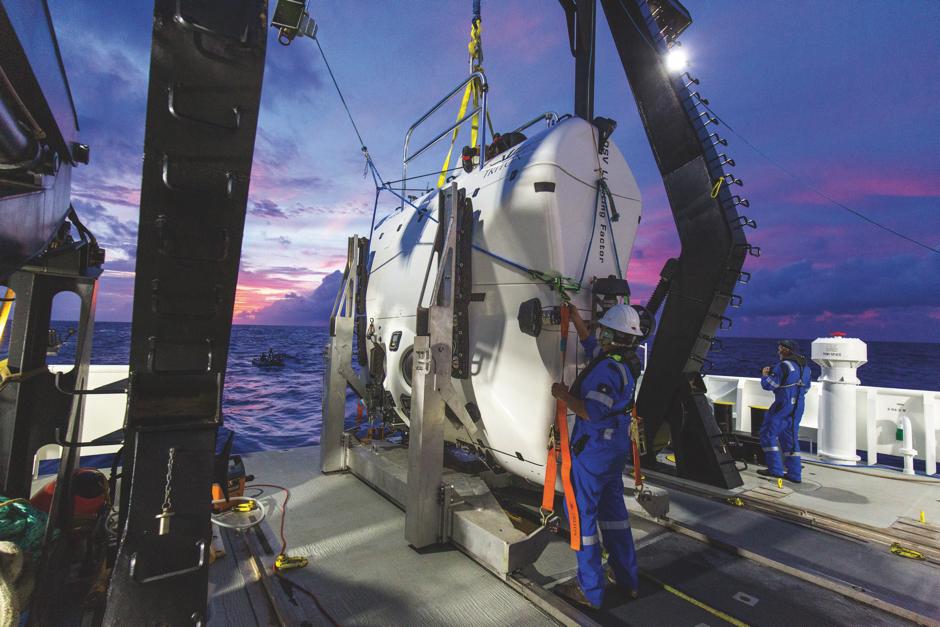 A crewed submersible with divers, used to explore the deep.